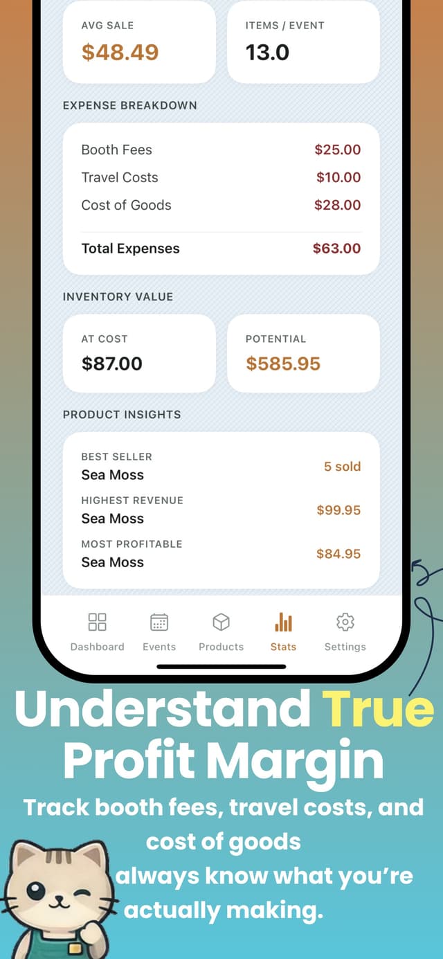 VendStats profit breakdown screen